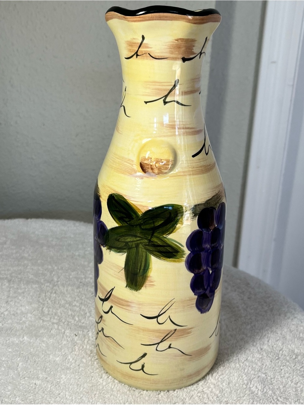 Yellow Ceramic Decorative Vase with Purple Grape Motif